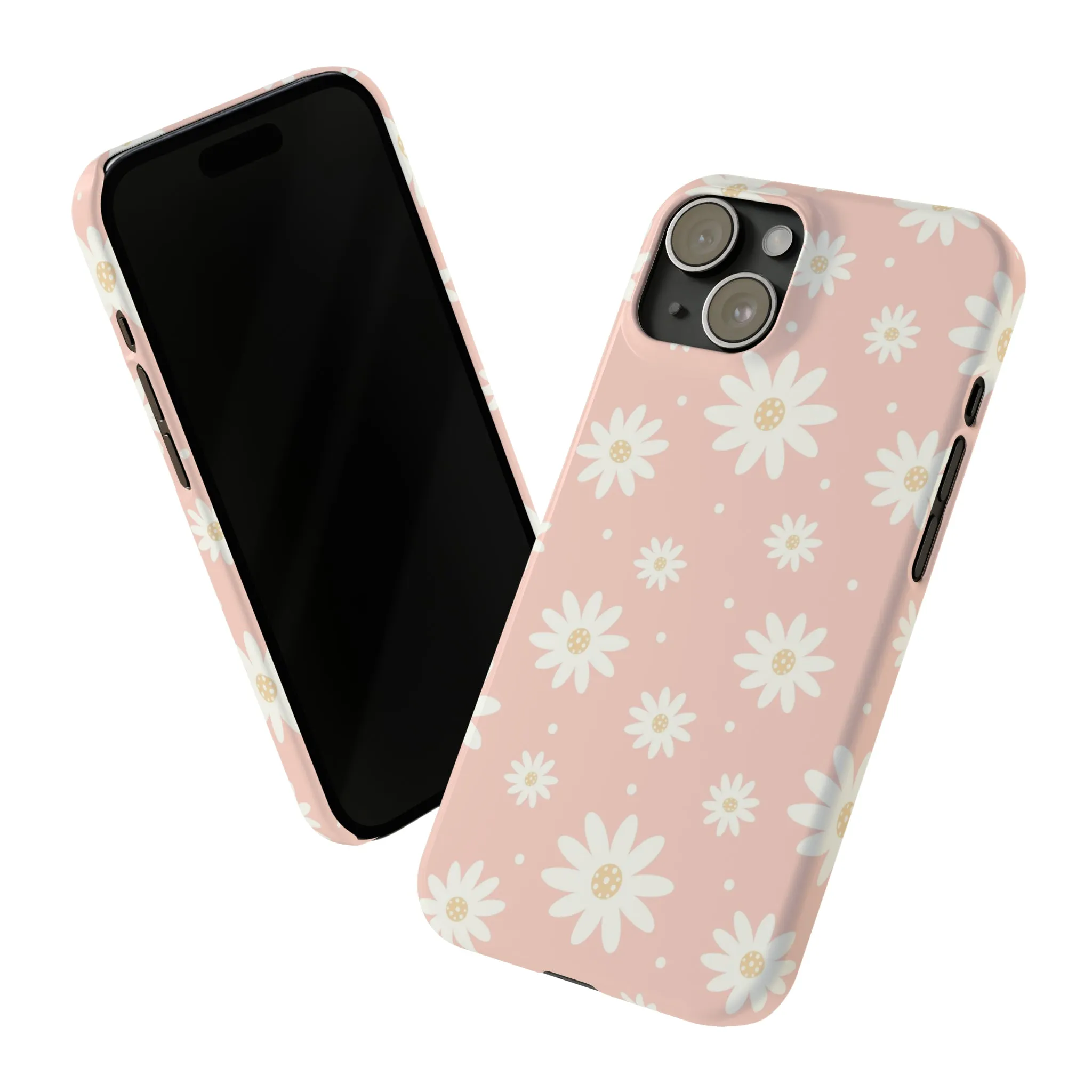 Pink background and White Daisies Design Sleek Elegance Wireless-Charging Compatible Phone Case Slim Phone Case compatible with over 20 iphone models