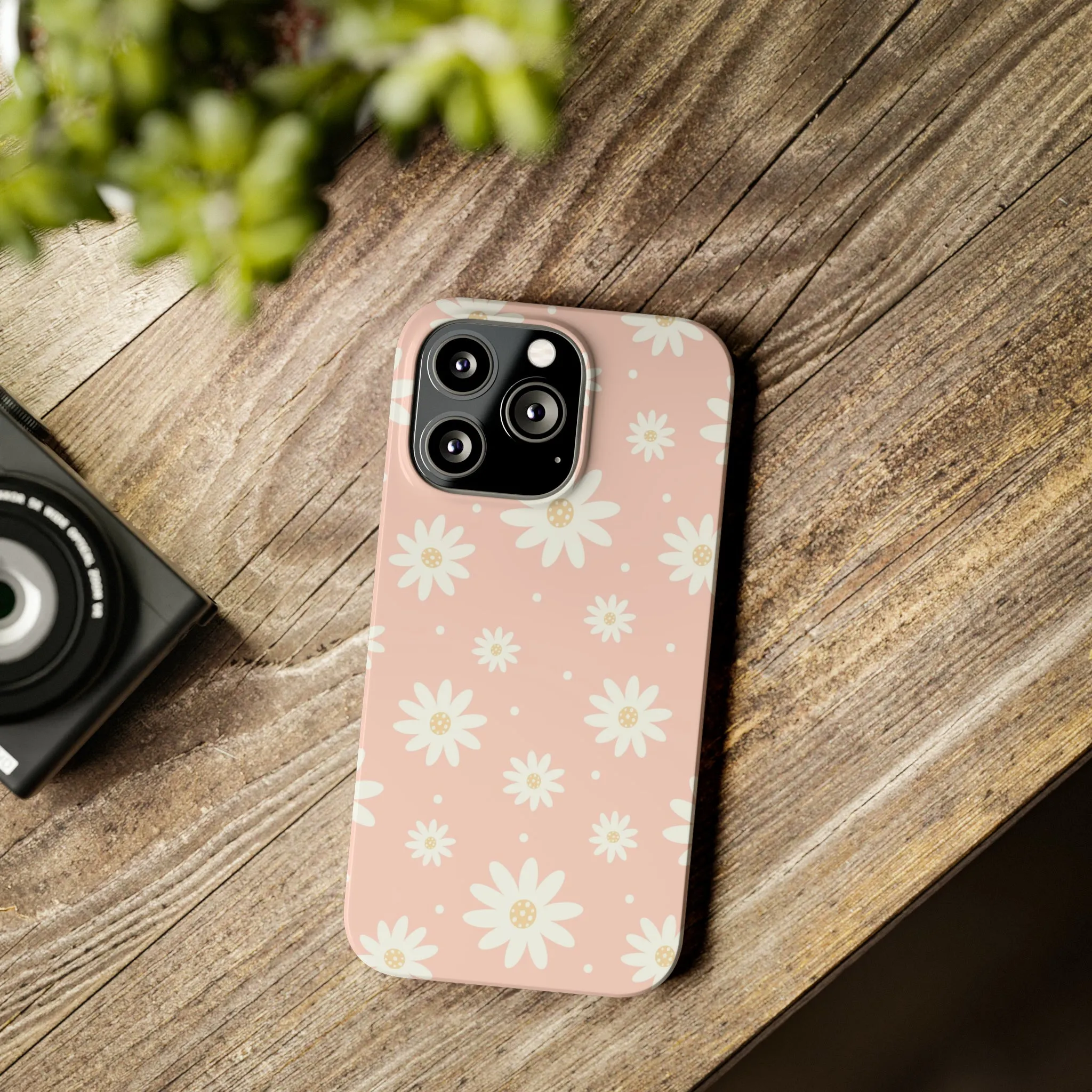 Pink background and White Daisies Design Sleek Elegance Wireless-Charging Compatible Phone Case Slim Phone Case compatible with over 20 iphone models