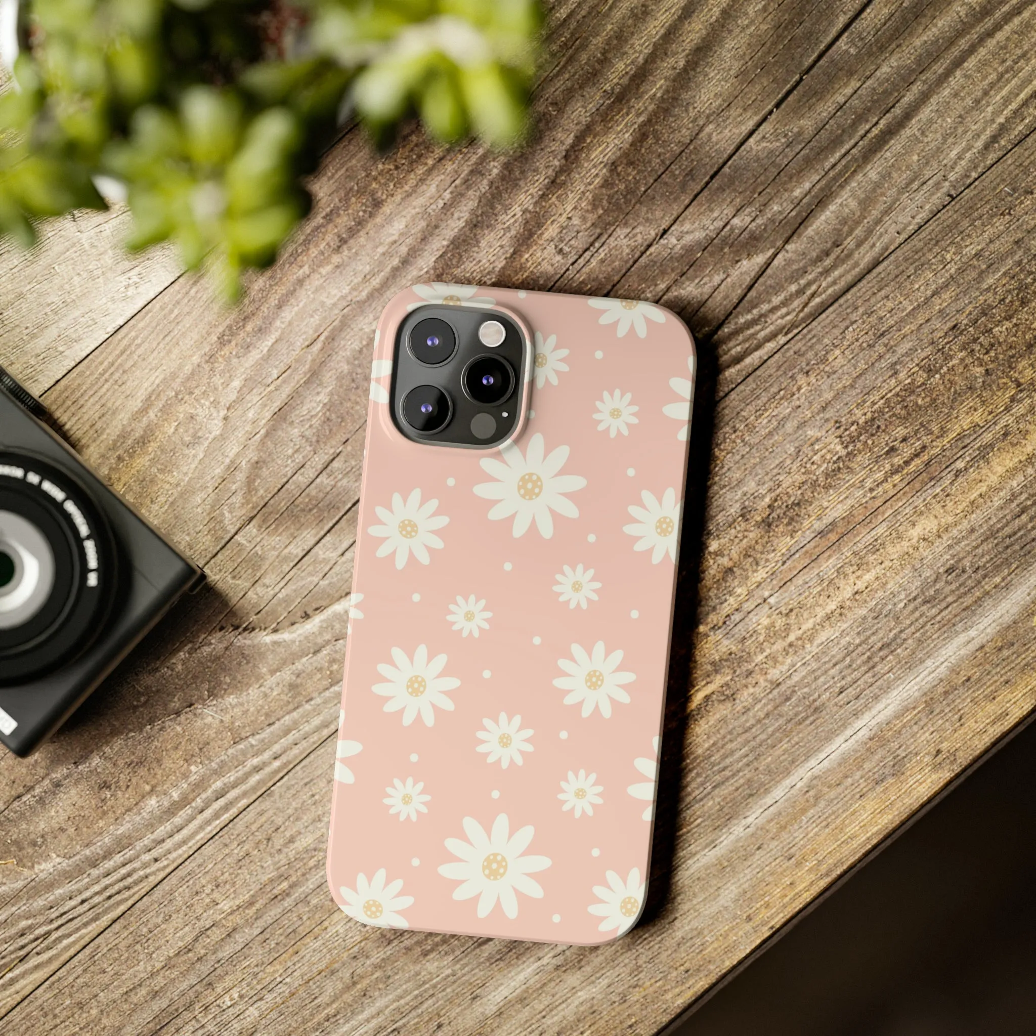 Pink background and White Daisies Design Sleek Elegance Wireless-Charging Compatible Phone Case Slim Phone Case compatible with over 20 iphone models