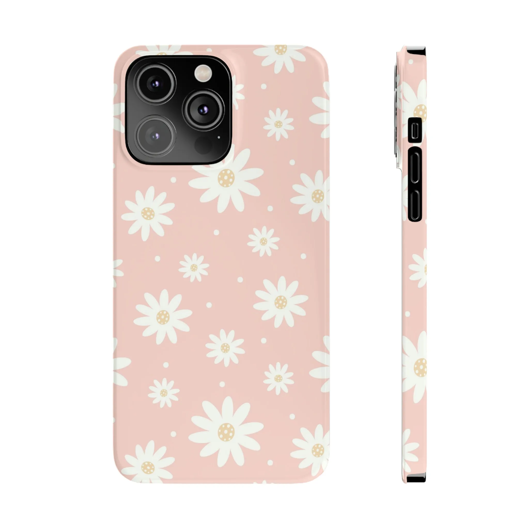 Pink background and White Daisies Design Sleek Elegance Wireless-Charging Compatible Phone Case Slim Phone Case compatible with over 20 iphone models