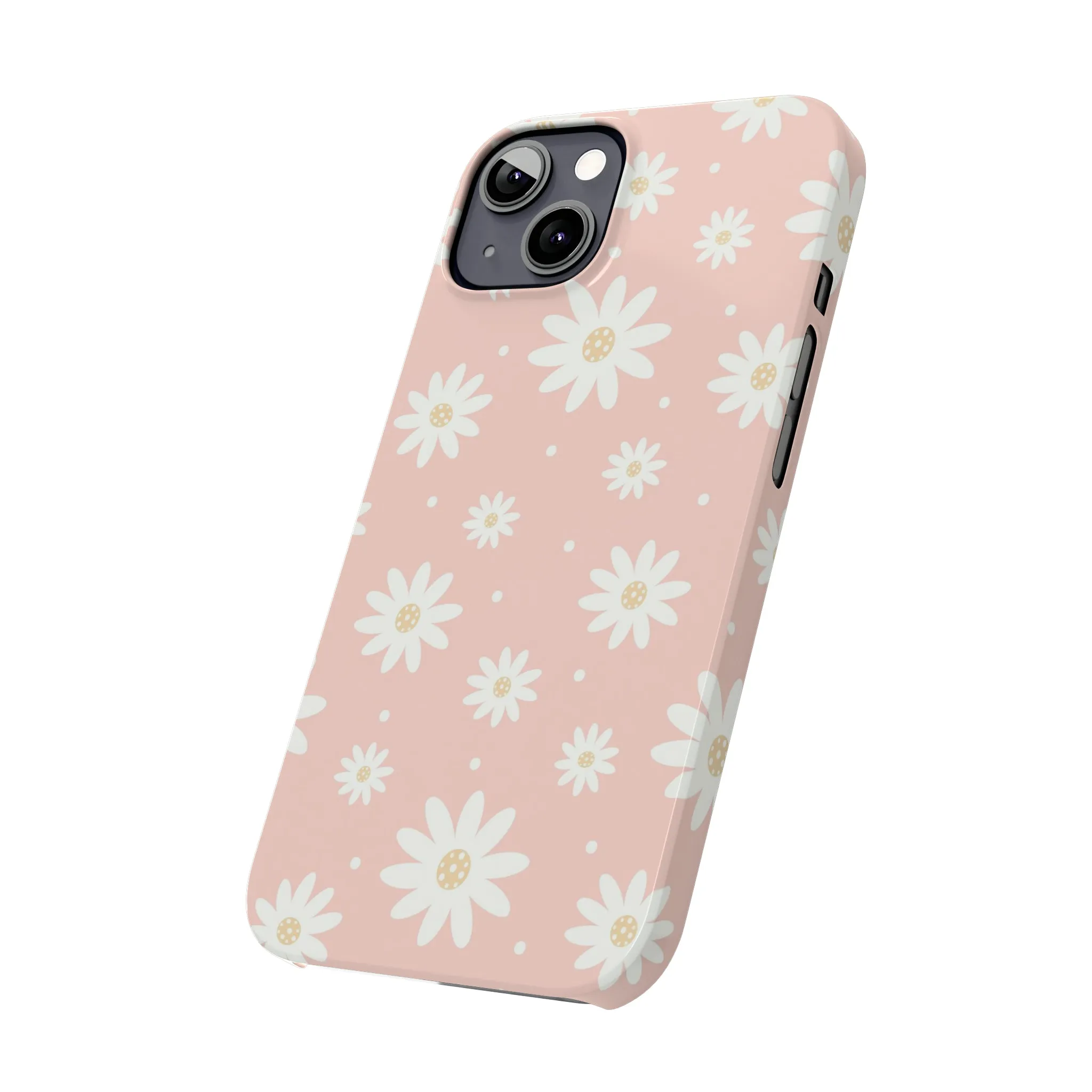 Pink background and White Daisies Design Sleek Elegance Wireless-Charging Compatible Phone Case Slim Phone Case compatible with over 20 iphone models