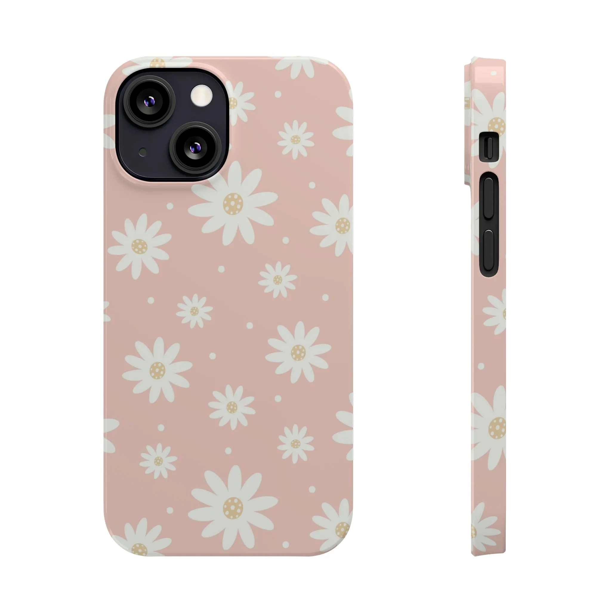 Pink background and White Daisies Design Sleek Elegance Wireless-Charging Compatible Phone Case Slim Phone Case compatible with over 20 iphone models