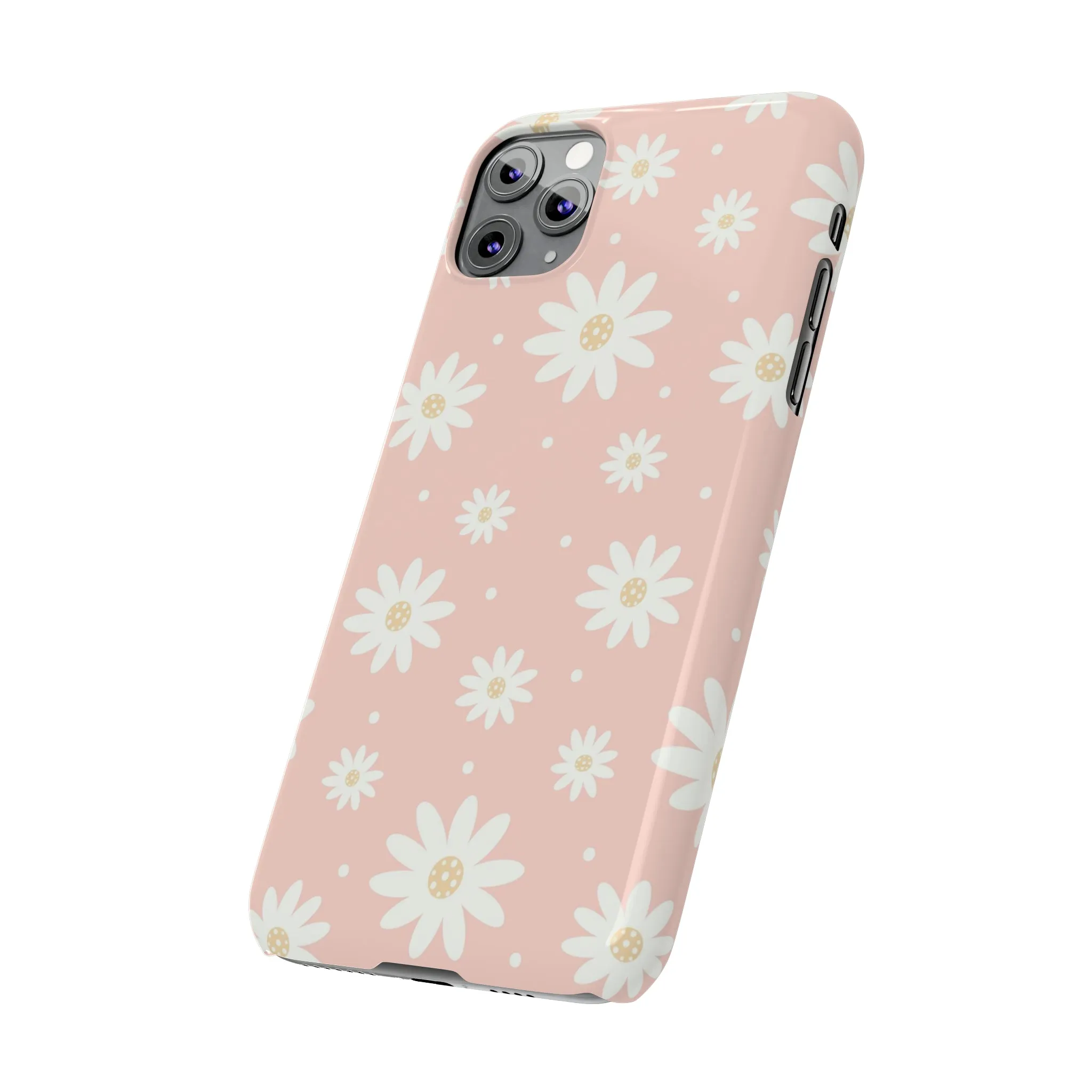 Pink background and White Daisies Design Sleek Elegance Wireless-Charging Compatible Phone Case Slim Phone Case compatible with over 20 iphone models