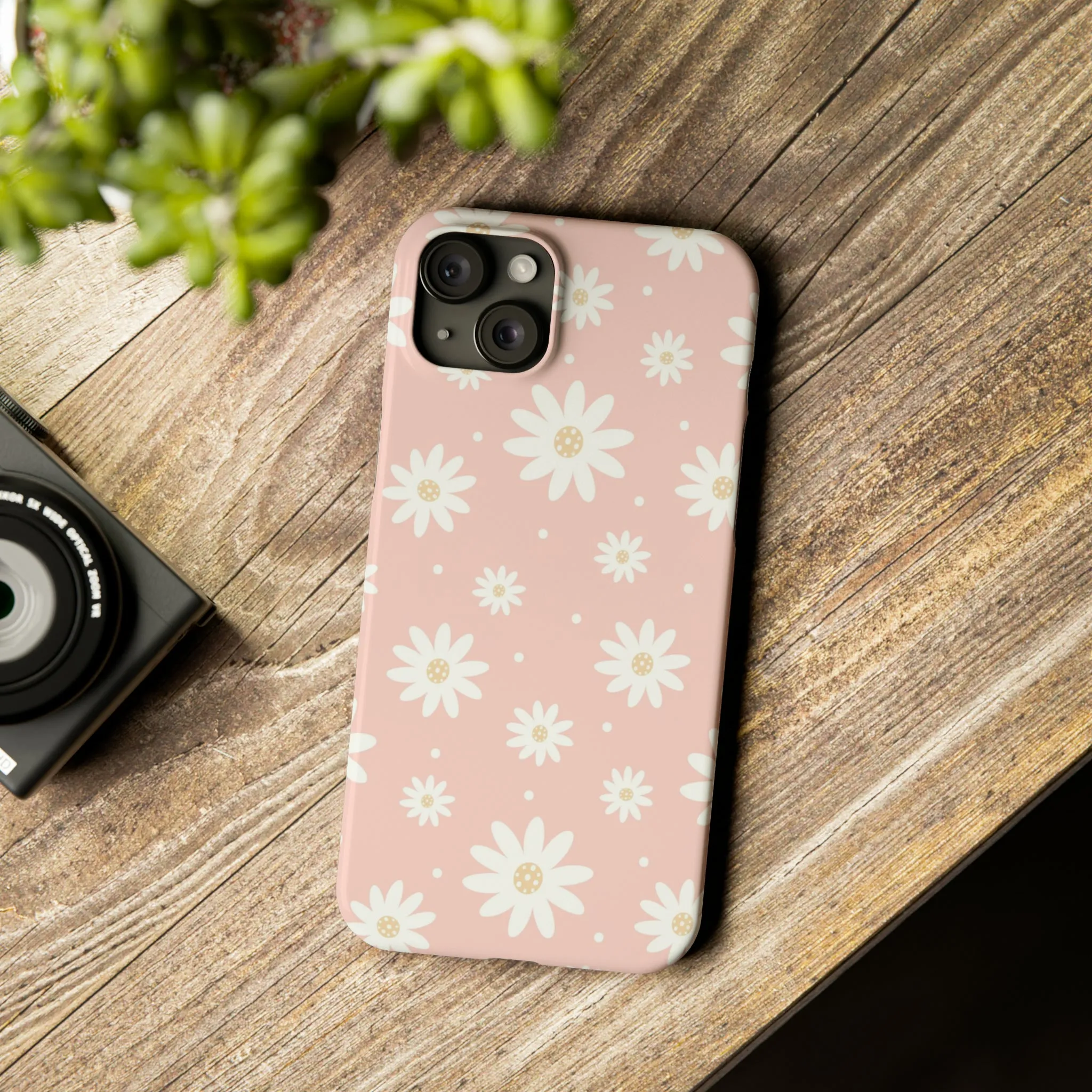 Pink background and White Daisies Design Sleek Elegance Wireless-Charging Compatible Phone Case Slim Phone Case compatible with over 20 iphone models