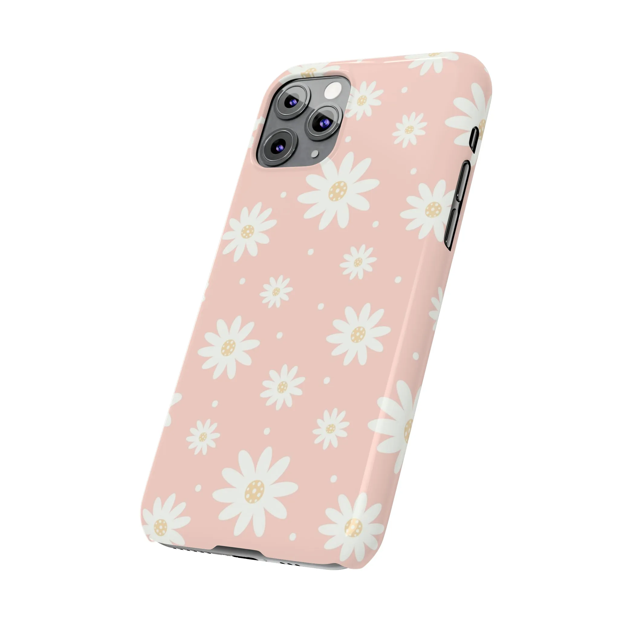 Pink background and White Daisies Design Sleek Elegance Wireless-Charging Compatible Phone Case Slim Phone Case compatible with over 20 iphone models