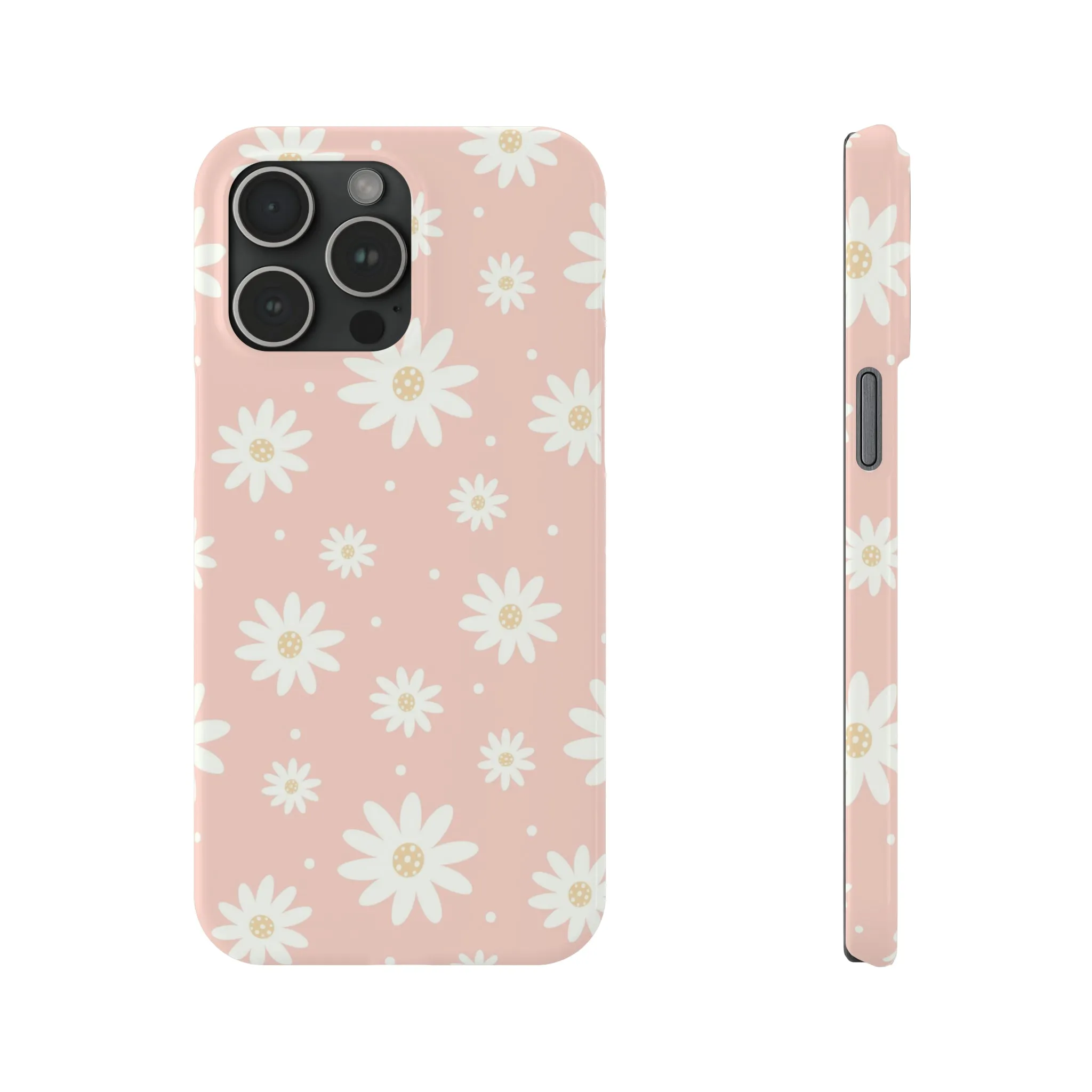 Pink background and White Daisies Design Sleek Elegance Wireless-Charging Compatible Phone Case Slim Phone Case compatible with over 20 iphone models