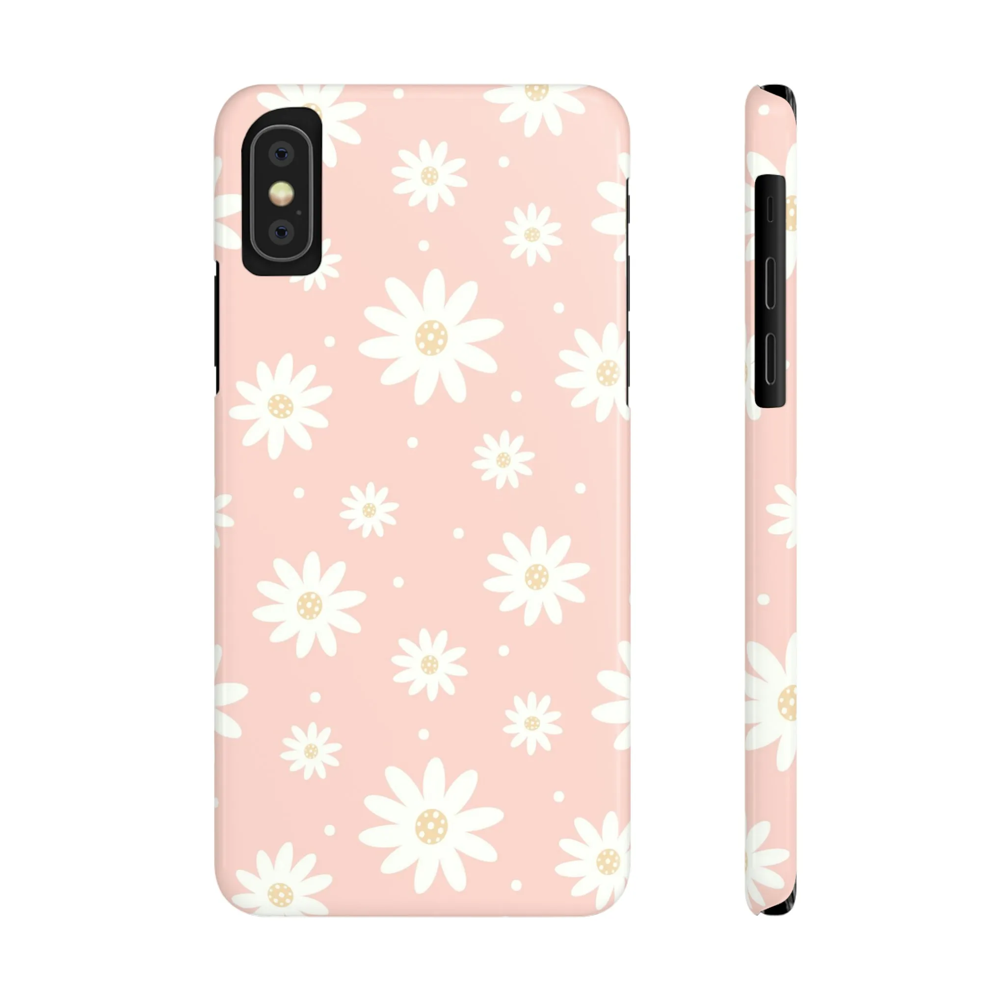 Pink background and White Daisies Design Sleek Elegance Wireless-Charging Compatible Phone Case Slim Phone Case compatible with over 20 iphone models