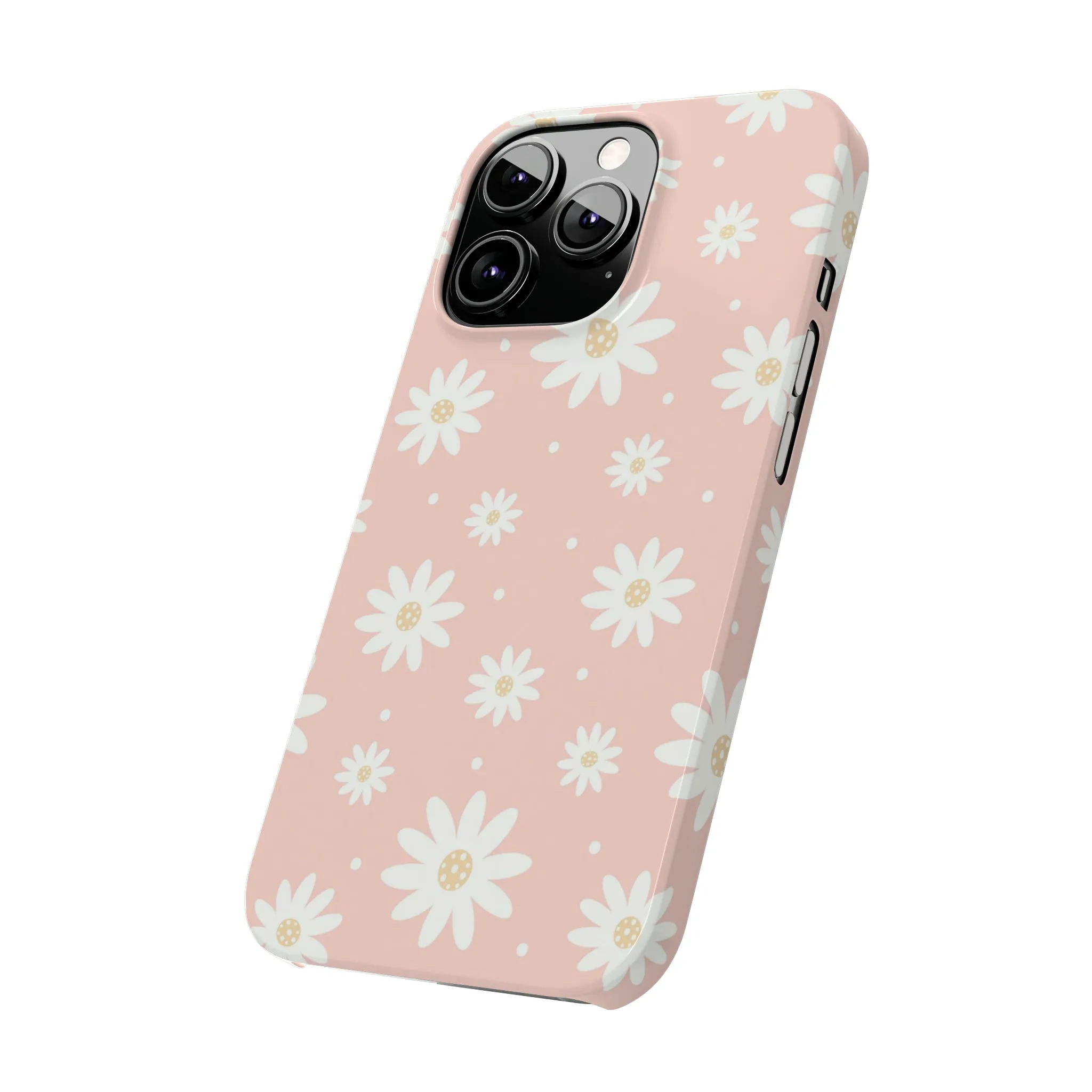 Pink background and White Daisies Design Sleek Elegance Wireless-Charging Compatible Phone Case Slim Phone Case compatible with over 20 iphone models