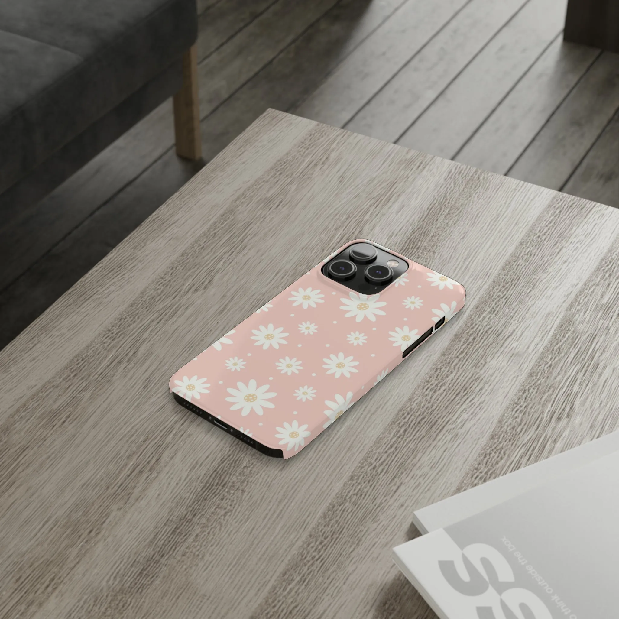 Pink background and White Daisies Design Sleek Elegance Wireless-Charging Compatible Phone Case Slim Phone Case compatible with over 20 iphone models