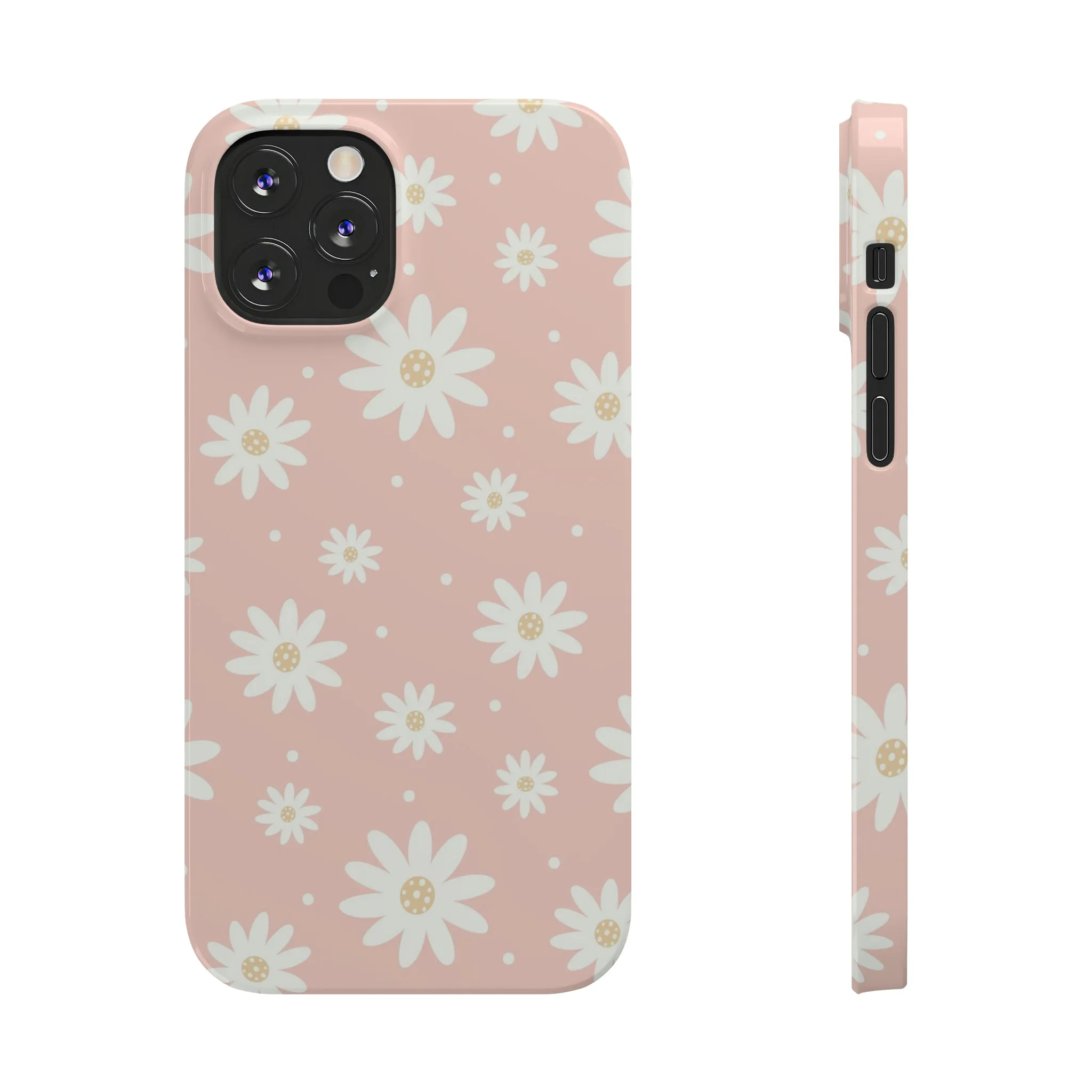 Pink background and White Daisies Design Sleek Elegance Wireless-Charging Compatible Phone Case Slim Phone Case compatible with over 20 iphone models