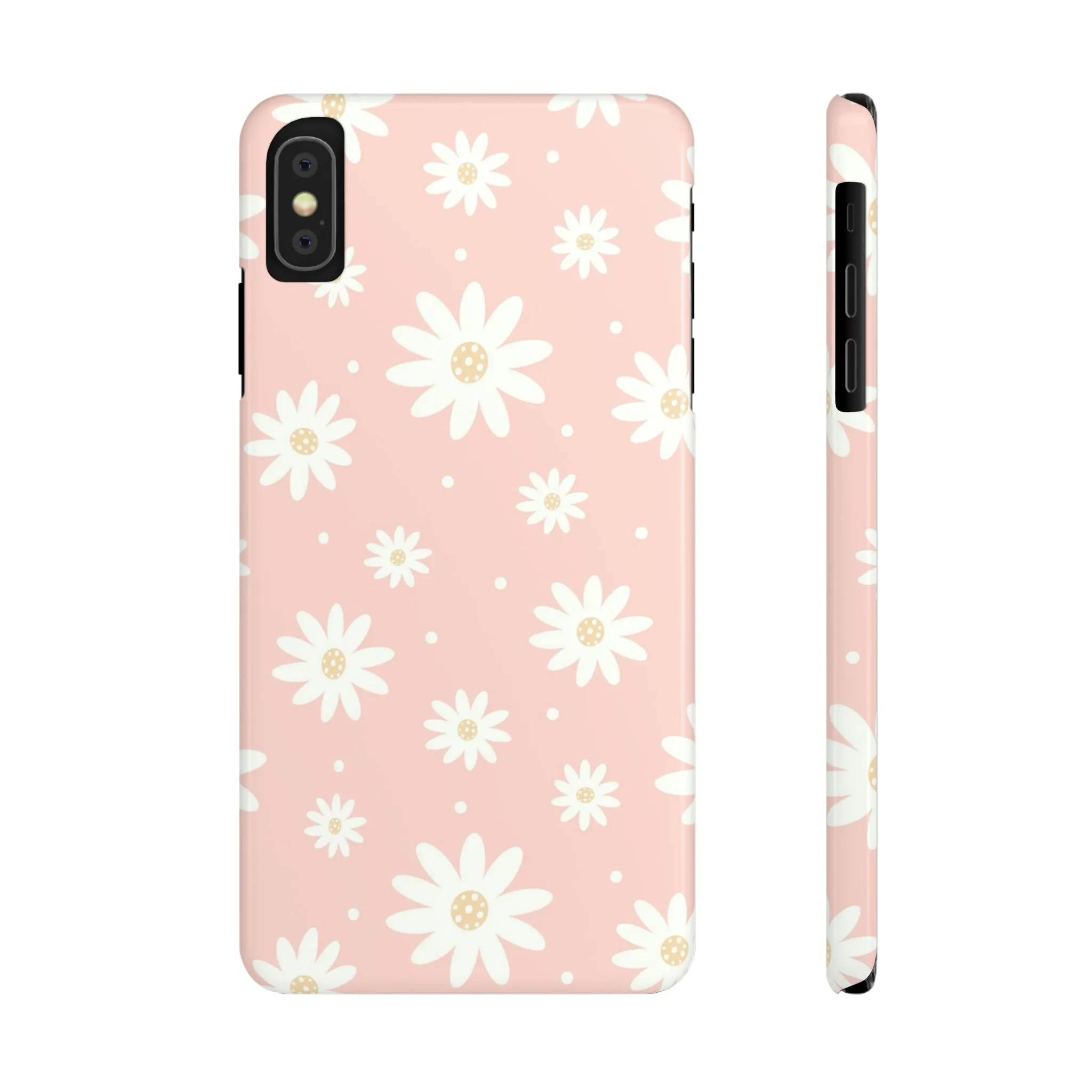 Pink background and White Daisies Design Sleek Elegance Wireless-Charging Compatible Phone Case Slim Phone Case compatible with over 20 iphone models