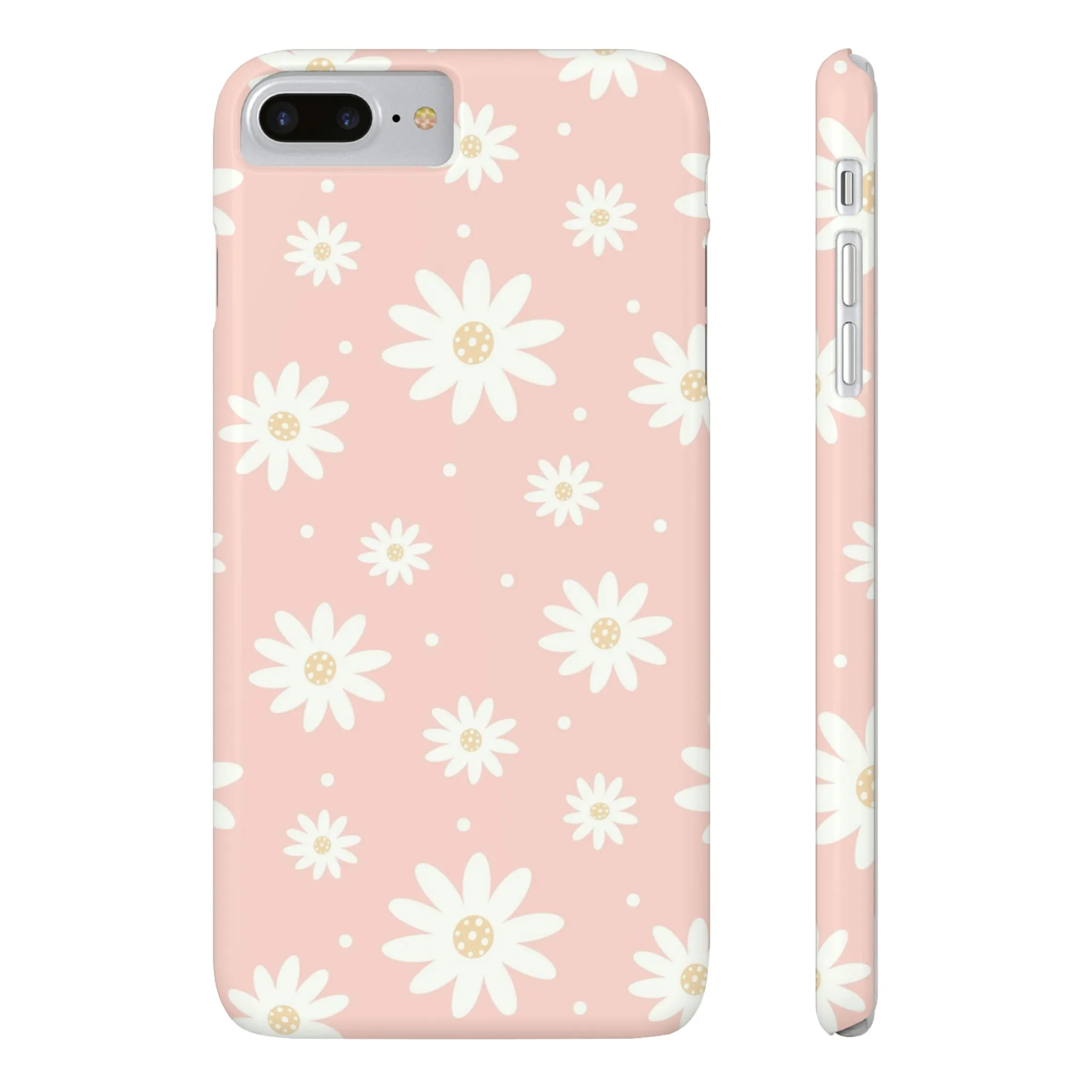 Pink background and White Daisies Design Sleek Elegance Wireless-Charging Compatible Phone Case Slim Phone Case compatible with over 20 iphone models