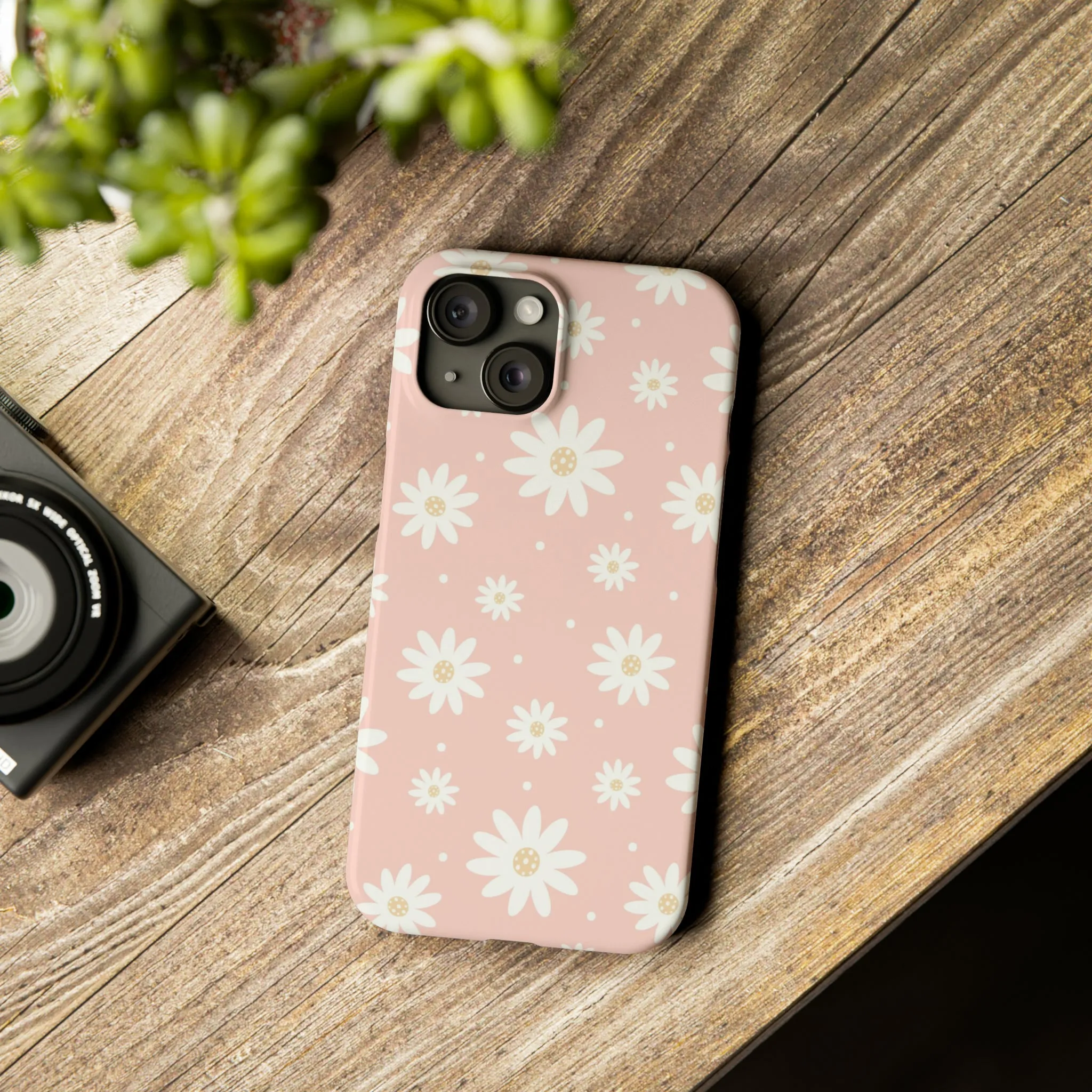 Pink background and White Daisies Design Sleek Elegance Wireless-Charging Compatible Phone Case Slim Phone Case compatible with over 20 iphone models