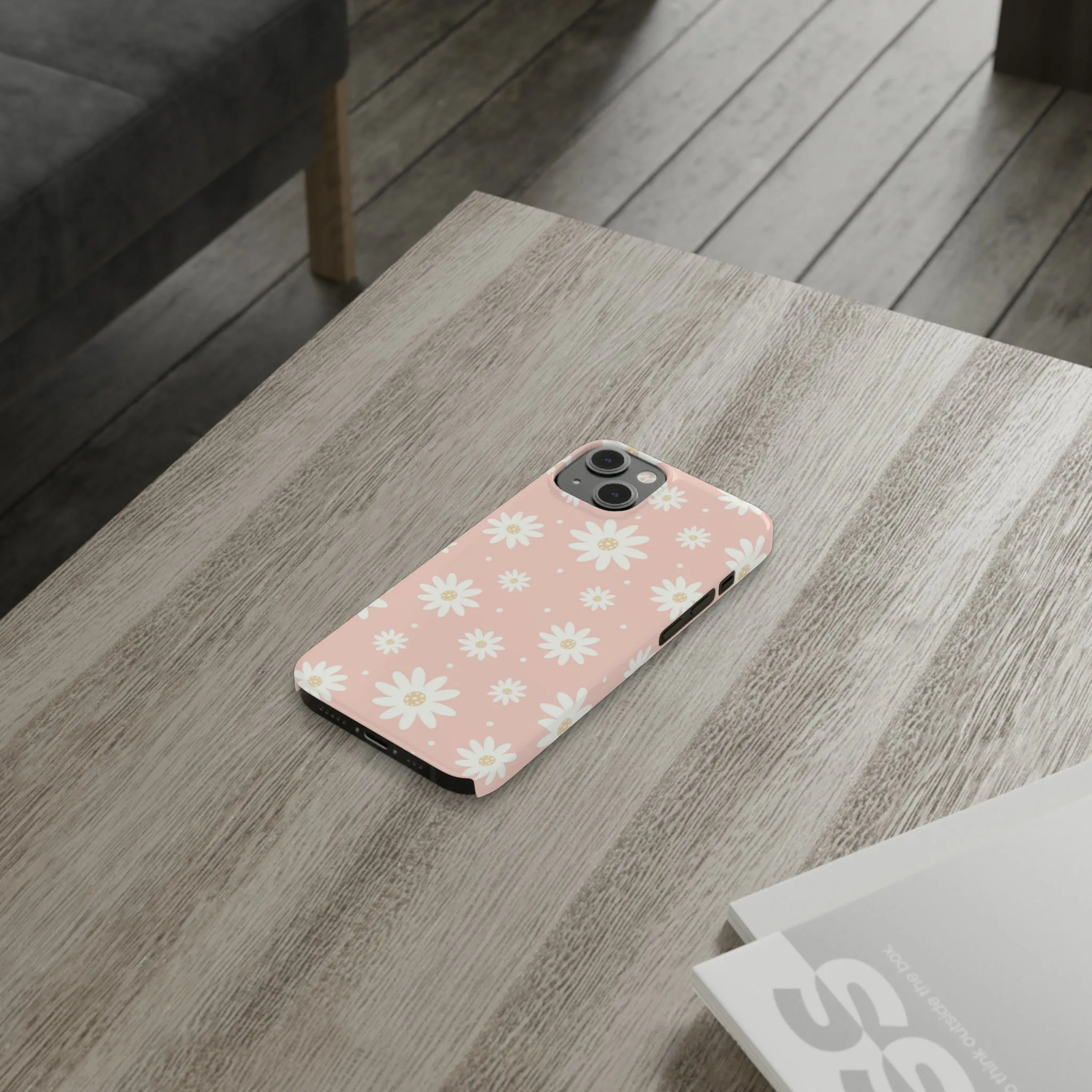 Pink background and White Daisies Design Sleek Elegance Wireless-Charging Compatible Phone Case Slim Phone Case compatible with over 20 iphone models