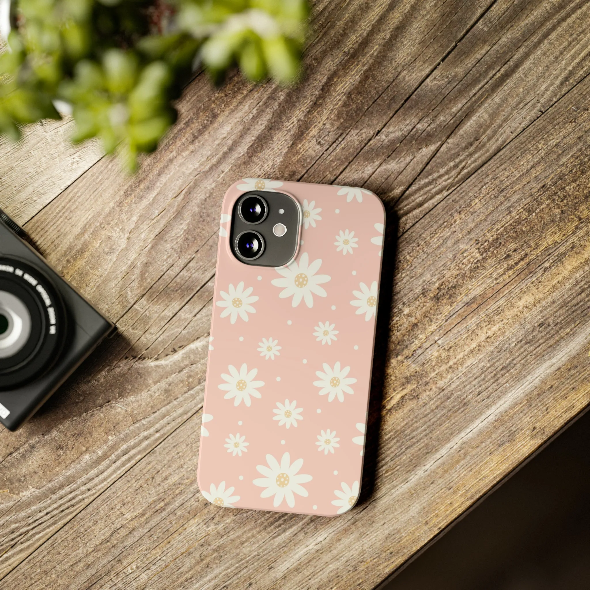 Pink background and White Daisies Design Sleek Elegance Wireless-Charging Compatible Phone Case Slim Phone Case compatible with over 20 iphone models