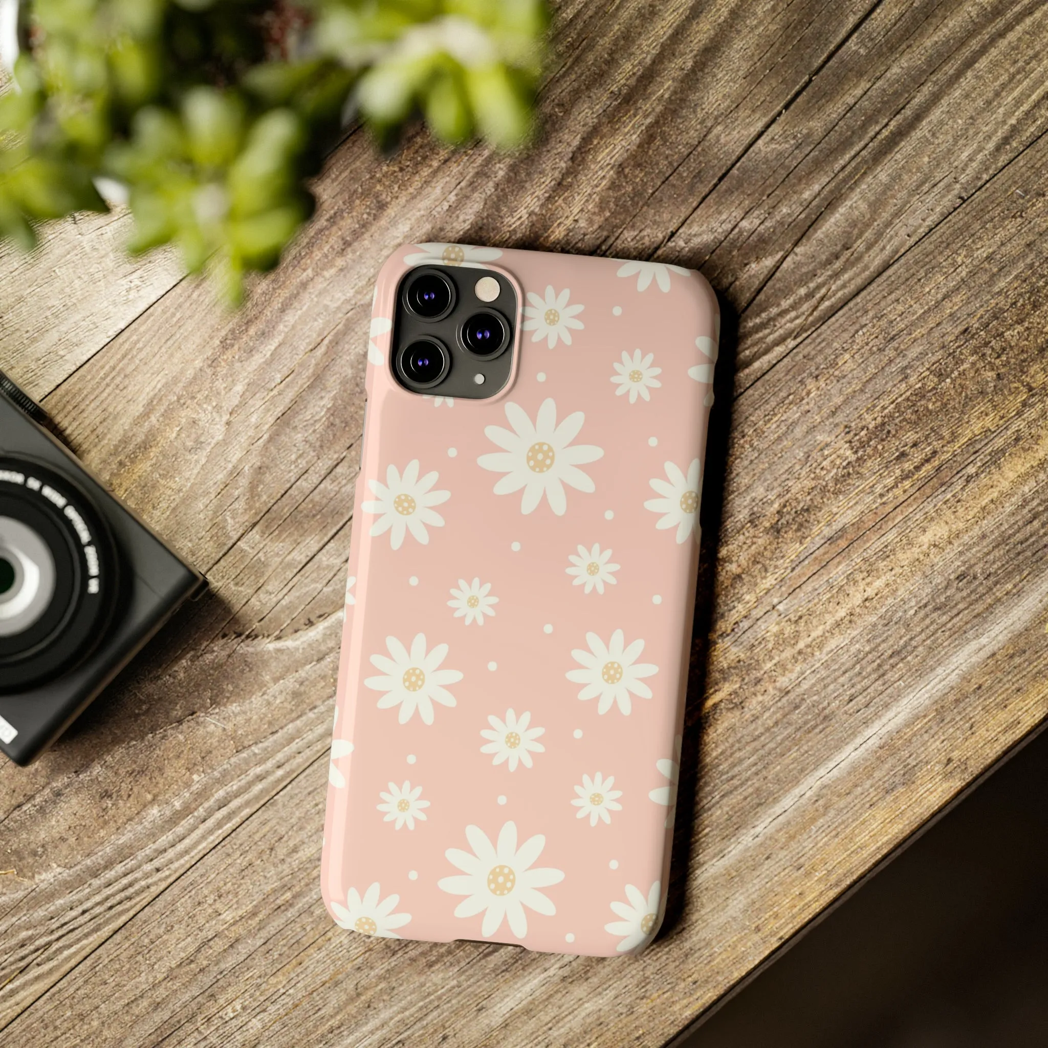 Pink background and White Daisies Design Sleek Elegance Wireless-Charging Compatible Phone Case Slim Phone Case compatible with over 20 iphone models