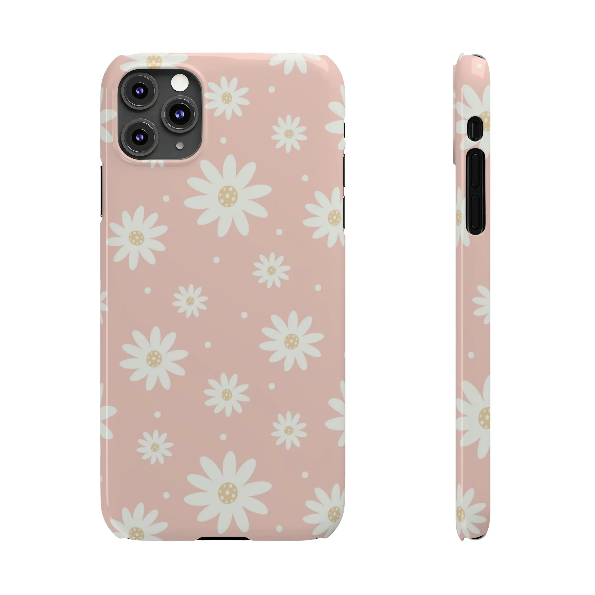 Pink background and White Daisies Design Sleek Elegance Wireless-Charging Compatible Phone Case Slim Phone Case compatible with over 20 iphone models