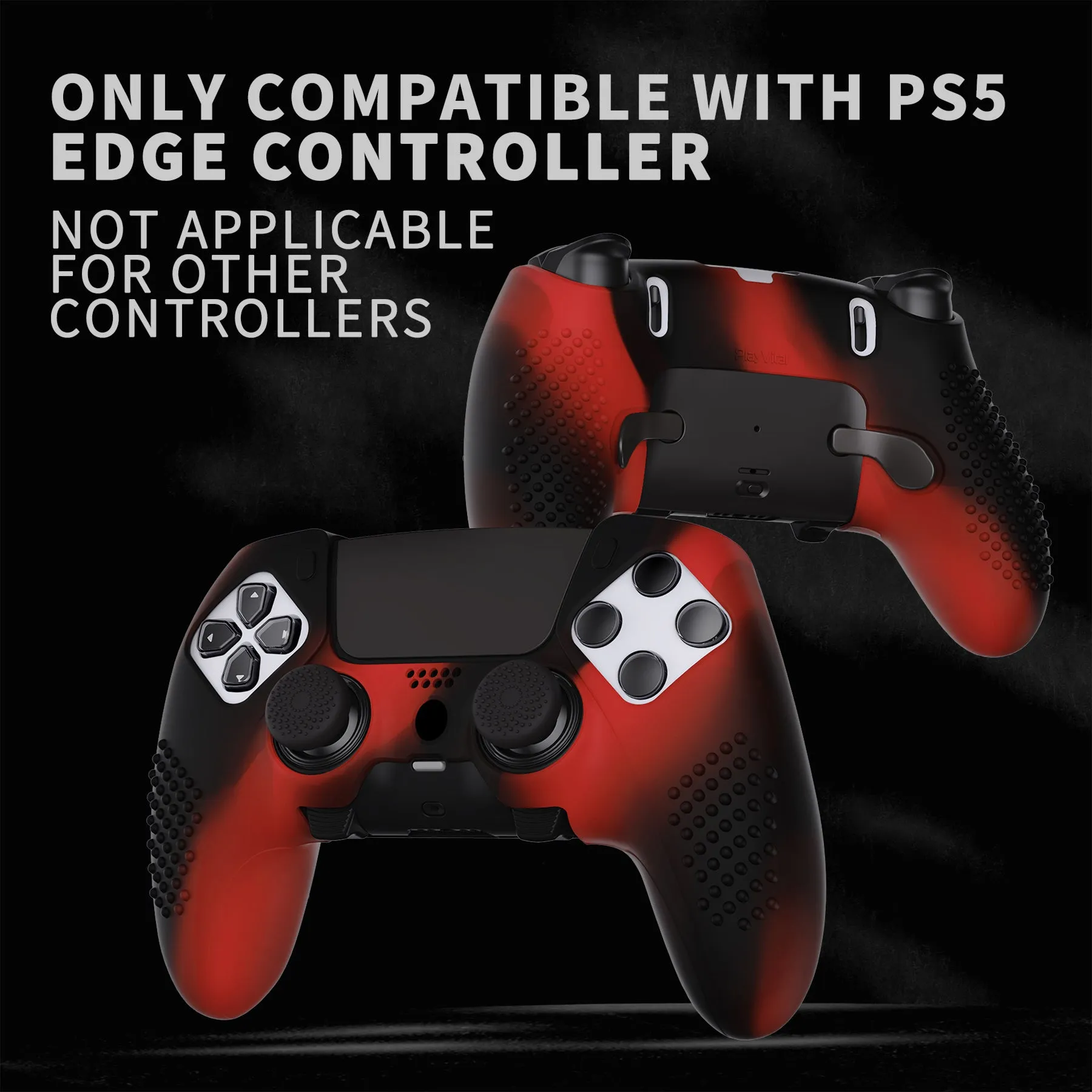 PlayVital 3D Studded Edition Anti-Slip Silicone Cover Case for ps5 Edge Controller, Soft Rubber Protector Skin for ps5 Edge Wireless Controller with 6 Thumb Grip Caps - Red & Black - ETPFP008