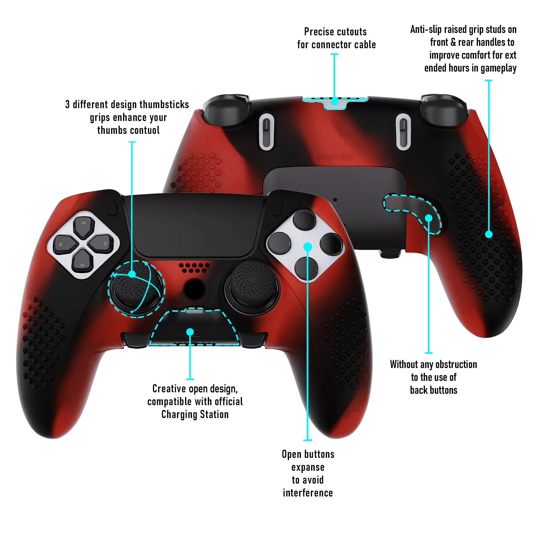 PlayVital 3D Studded Edition Anti-Slip Silicone Cover Case for ps5 Edge Controller, Soft Rubber Protector Skin for ps5 Edge Wireless Controller with 6 Thumb Grip Caps - Red & Black - ETPFP008