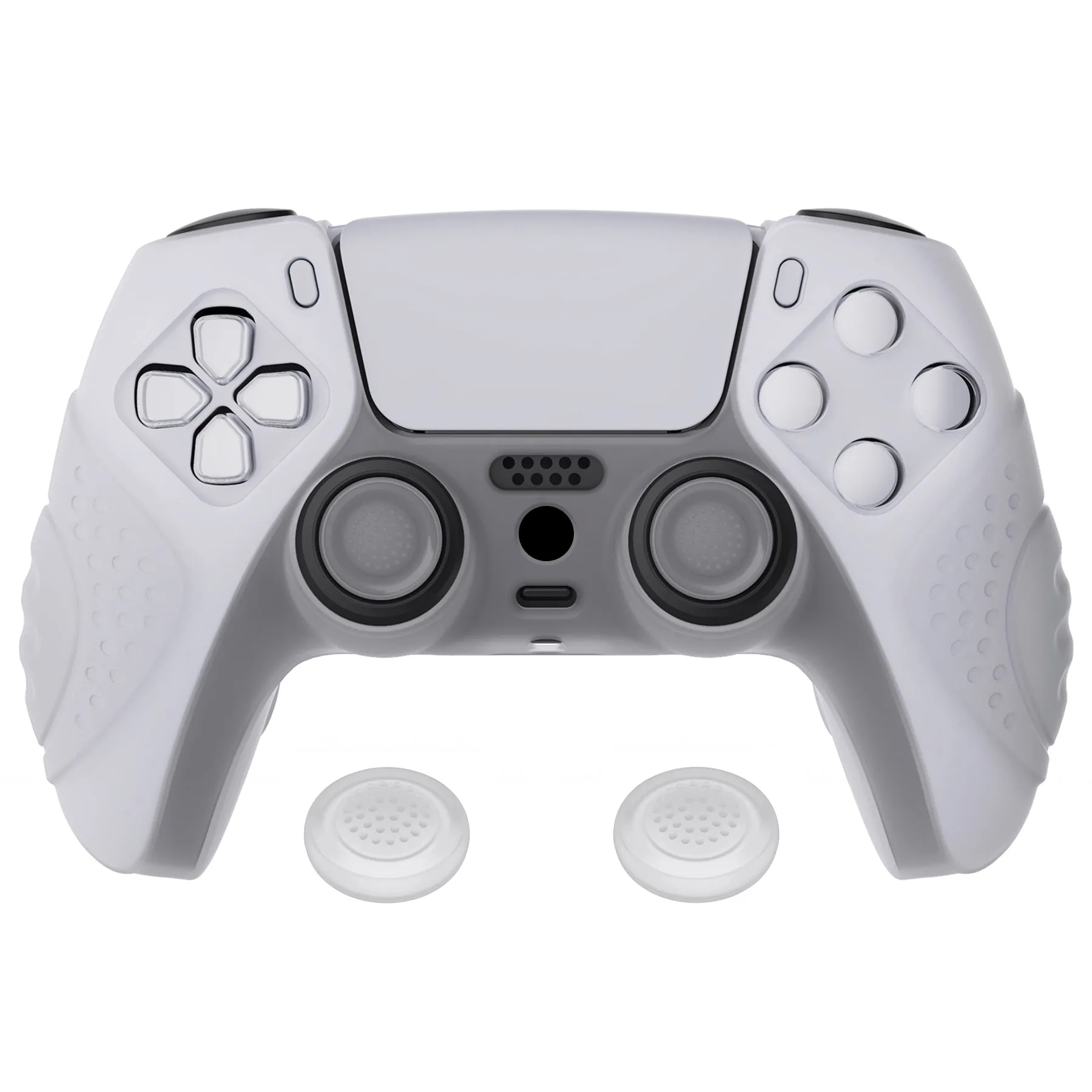 PlayVital Guardian Edition Clear White Ergonomic Soft Anti-slip Controller Silicone Case Cover, Rubber Protector Skins with Clear White Joystick Caps for PS5 Controller - YHPF013