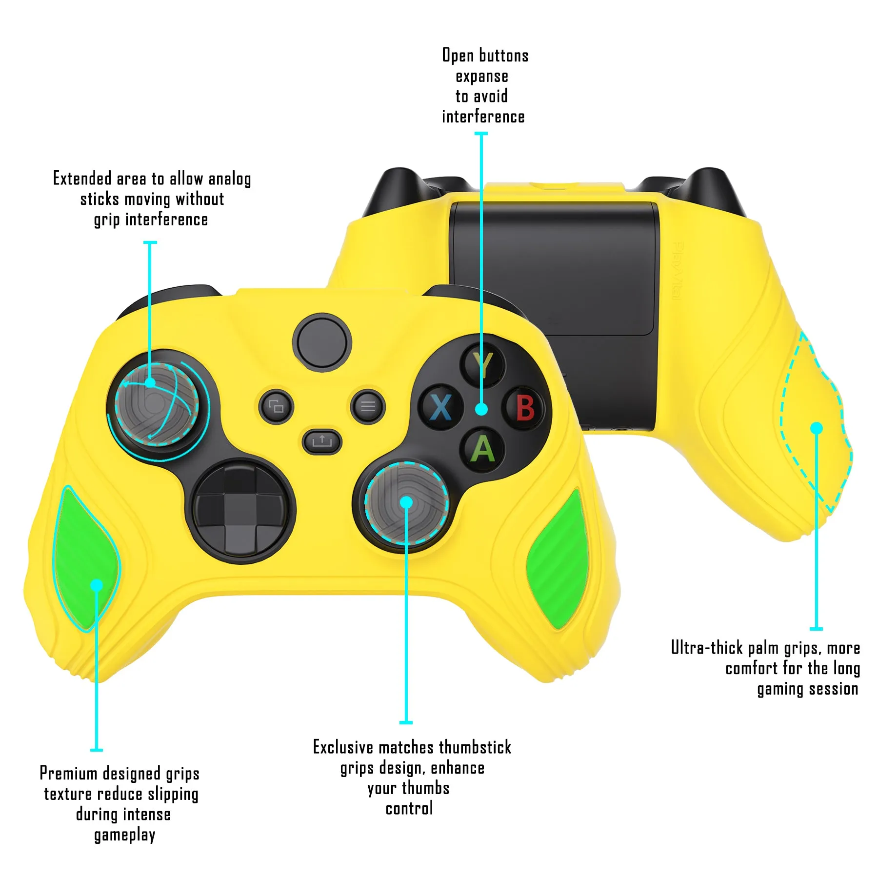 PlayVital Scorpion Edition Two-Tone Anti-Slip Silicone Case Cover for Xbox Series X/S Controller, Soft Rubber Case for Xbox Core Controller with Thumb Grip Caps - Legend Yellow & Green - SPX3013