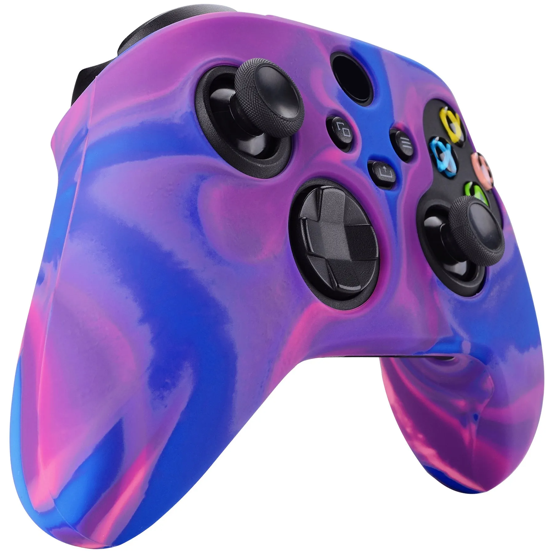 PlayVital Tri-Color Pink & Purple & Blue Camouflage Anti-Slip Silicone Cover Skin for Xbox Series X Controller, Soft Rubber Case Protector for Xbox Series S Controller with Black Thumb Grip Caps - BLX3015