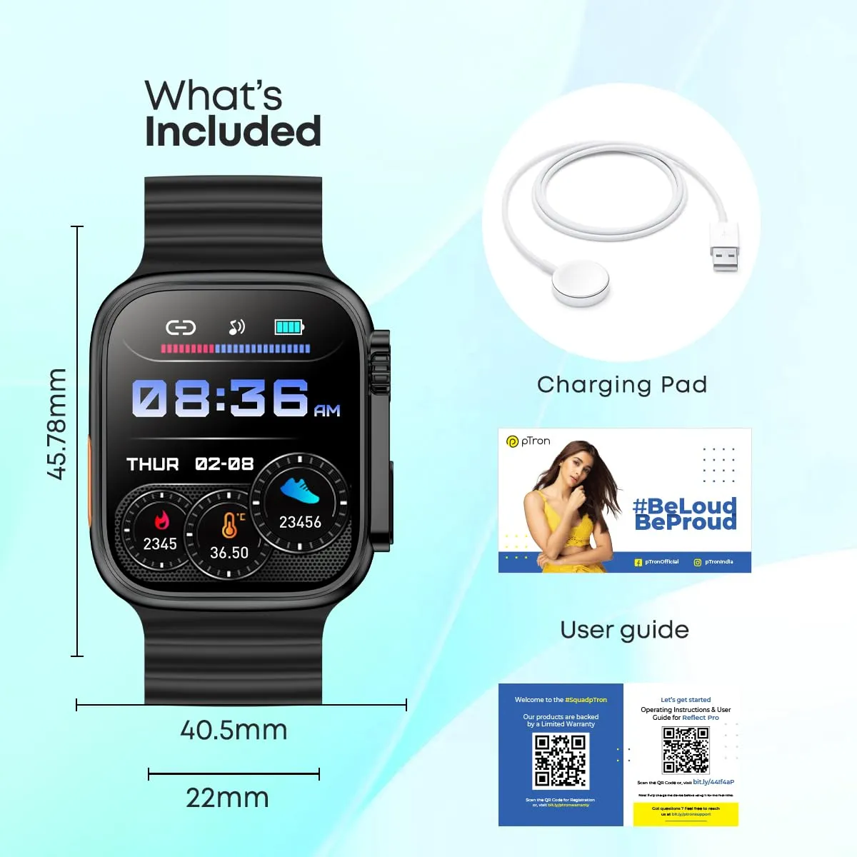 pTron Newly Launched Reflect Pro Smartwatch, Bluetooth Calling, 1.85" Full Touch Display, 600 NITS, Digital Crown, Metal Frame, 100  Watch Faces, HR, SpO2, Voice Assist, 5 Days Battery Life (Black)