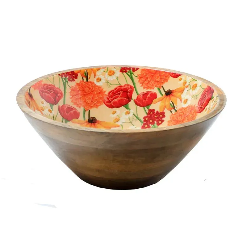 Round Roses And Chamomile Print Wooden Salad Bowl With Servers Set | Set of 3