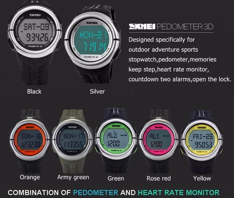 SKMEI Heart Rate Monitor Pedometer Sports Watches 50M Waterproof Outdoor Digital Men Women Calorie Counter