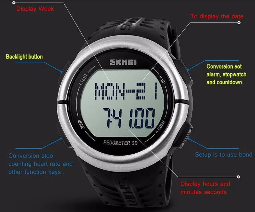 SKMEI Heart Rate Monitor Pedometer Sports Watches 50M Waterproof Outdoor Digital Men Women Calorie Counter