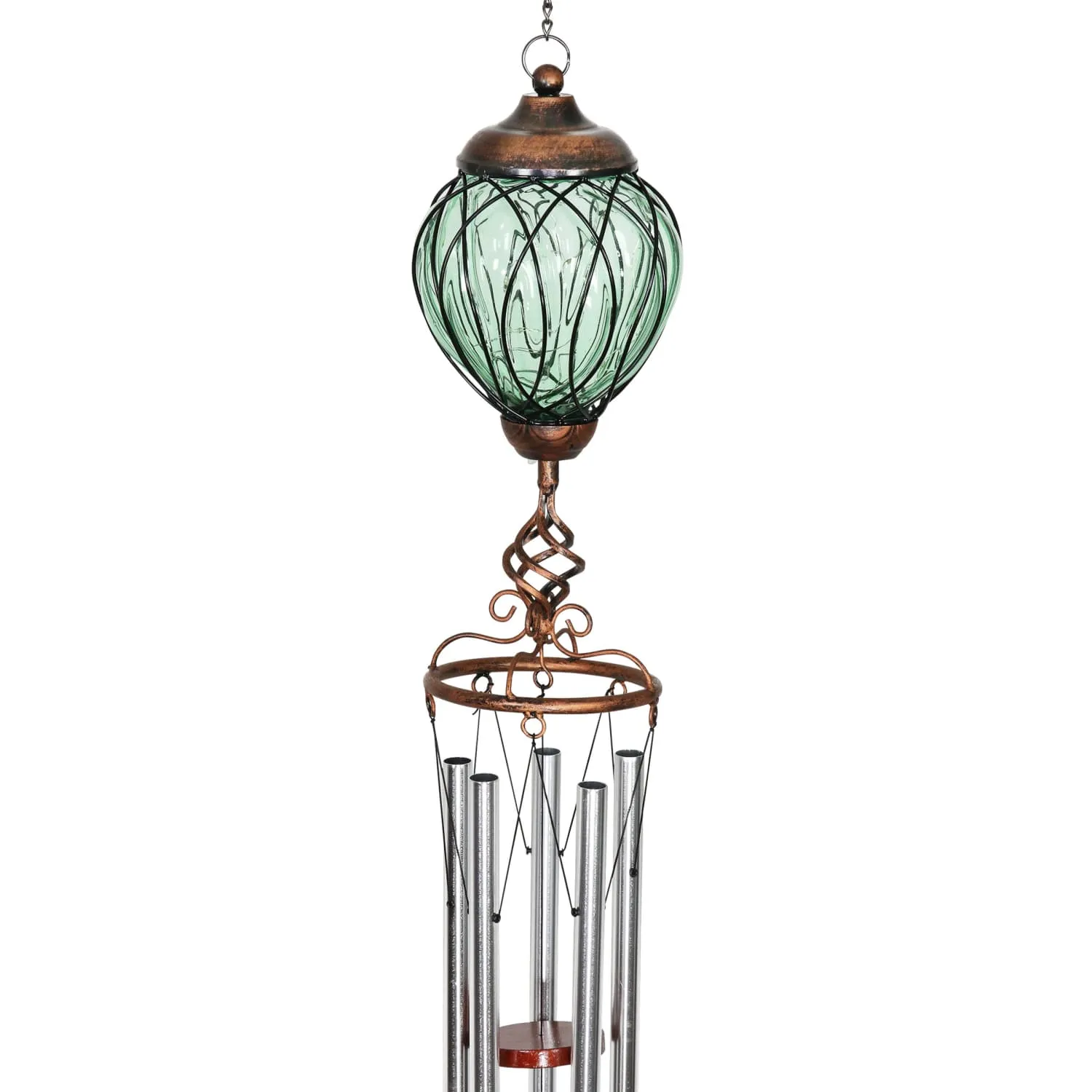 Solar Metal Wire and Glass Wind Chime in Green with Linking Oval Pattern and Nine LED Fairy Firefly String Lights, 6  by 32 Inches