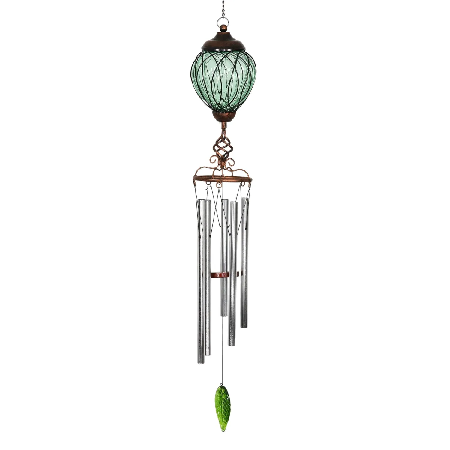 Solar Metal Wire and Glass Wind Chime in Green with Linking Oval Pattern and Nine LED Fairy Firefly String Lights, 6  by 32 Inches