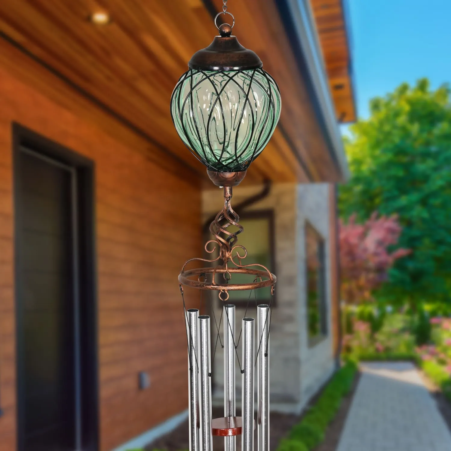 Solar Metal Wire and Glass Wind Chime in Green with Linking Oval Pattern and Nine LED Fairy Firefly String Lights, 6  by 32 Inches