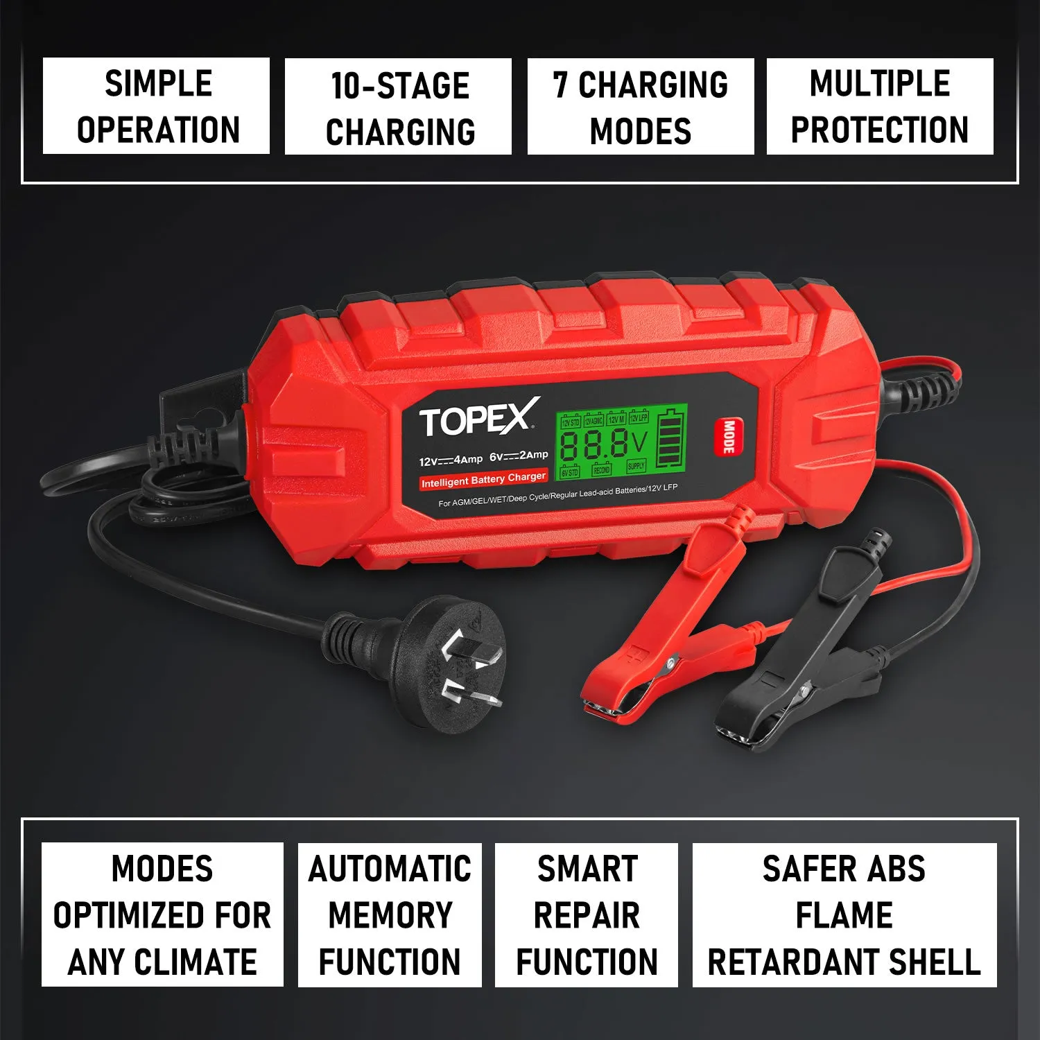 TOPEX Car Battery Charger, 4A 6V/12V Smart Automatic Battery Charger Maintainer with LCD Display for Lead Acid, LiFePo4 Battery in Truck, Motorcycle