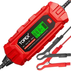 TOPEX Car Battery Charger, 4A 6V/12V Smart Automatic Battery Charger Maintainer with LCD Display for Lead Acid, LiFePo4 Battery in Truck, Motorcycle