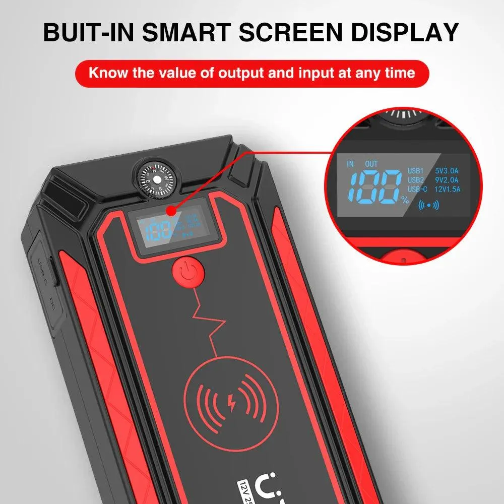 Ultimate 2500A Car Jump Starter with Wireless Charging, LCD Display, and Safety Hammer