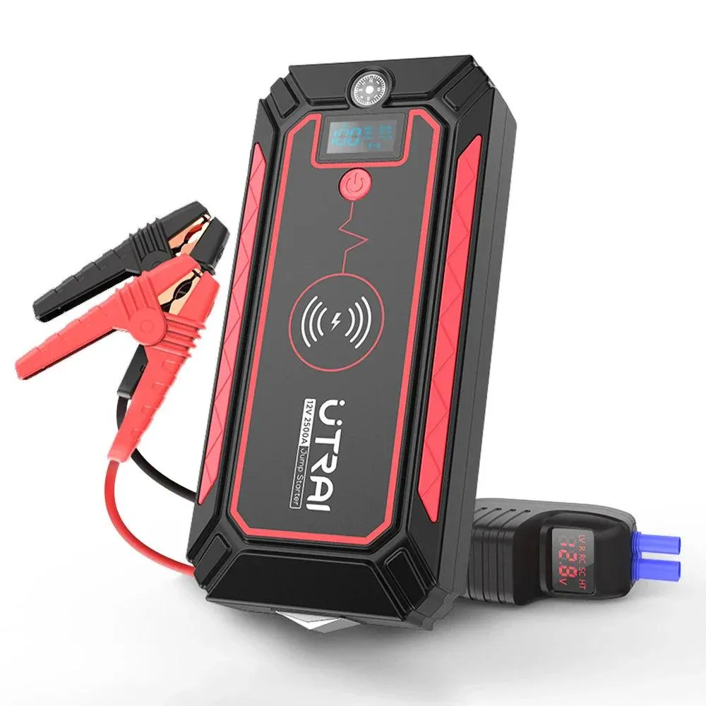 Ultimate 2500A Car Jump Starter with Wireless Charging, LCD Display, and Safety Hammer