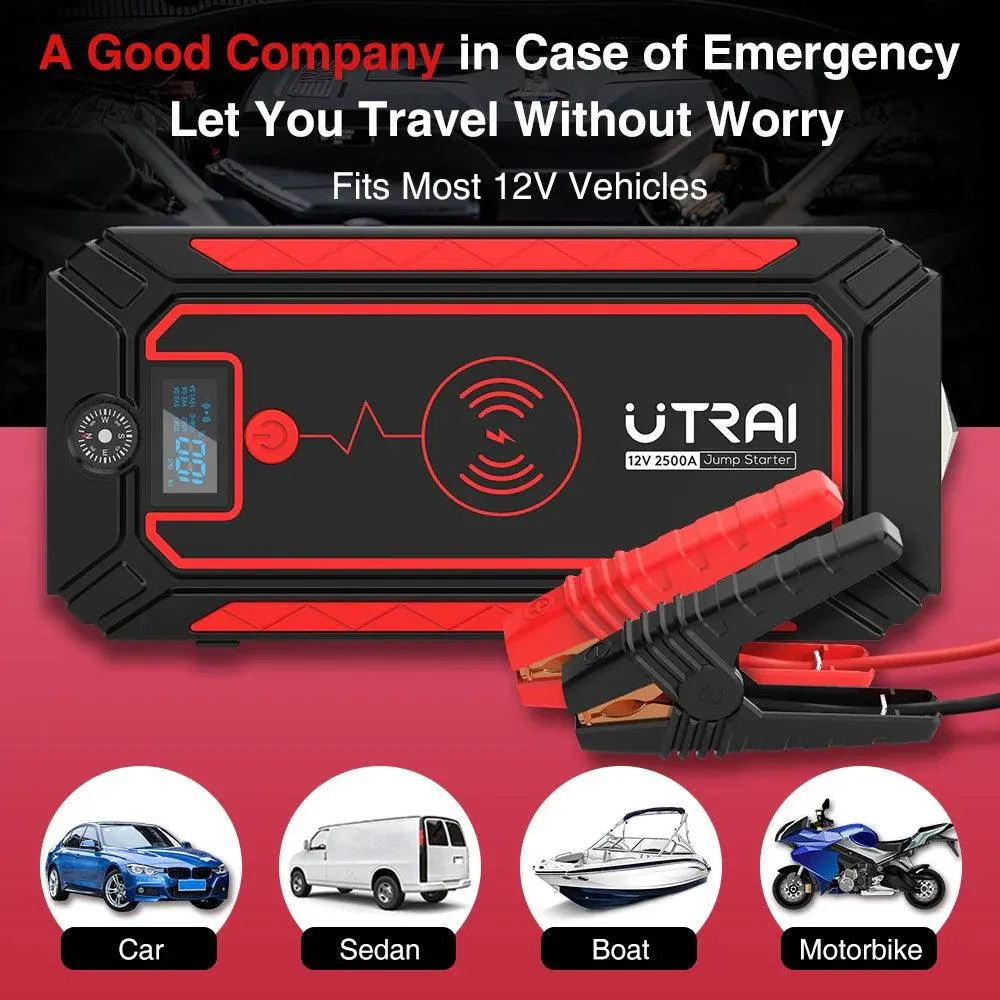 Ultimate 2500A Car Jump Starter with Wireless Charging, LCD Display, and Safety Hammer