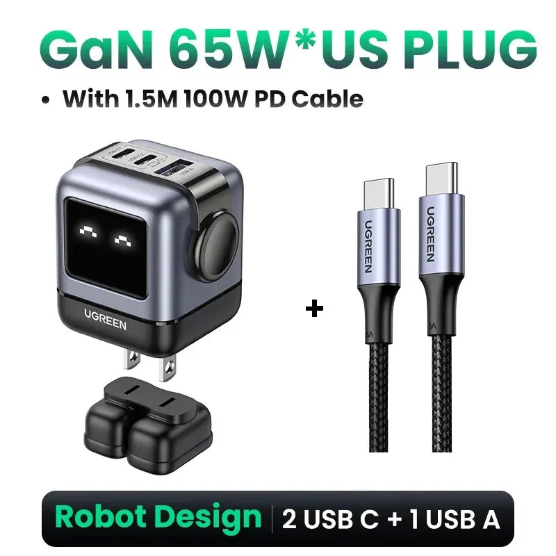 【US Plug】UGREEN 65W 30W GaN Charger Robot Design PD3.0 Fast Charger QC4.0 3.0 PPS for iPhone 16 15 14 Pro Macbook Laptop Tablets