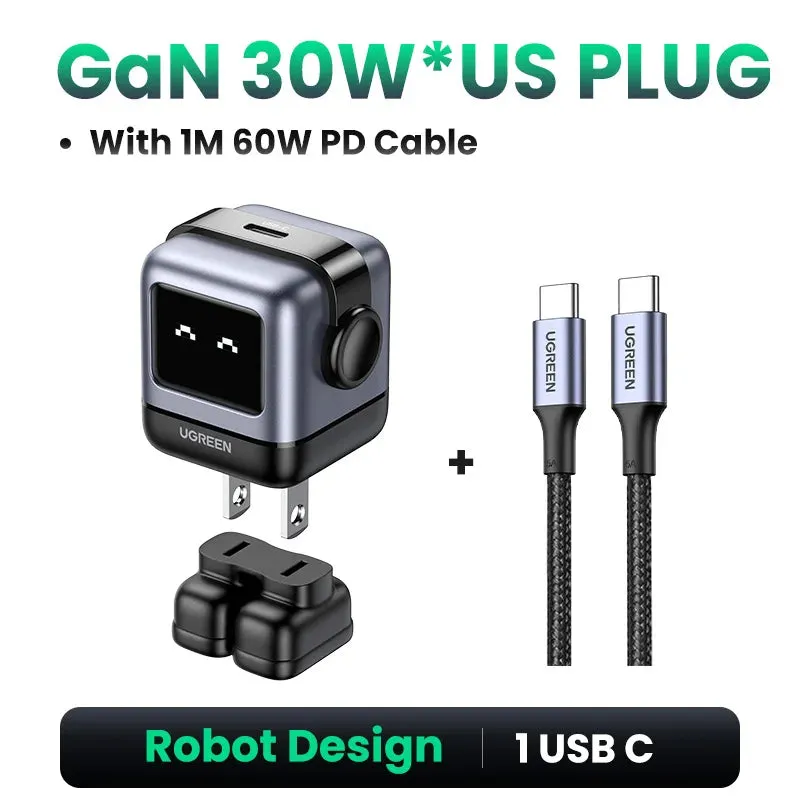 【US Plug】UGREEN 65W 30W GaN Charger Robot Design PD3.0 Fast Charger QC4.0 3.0 PPS for iPhone 16 15 14 Pro Macbook Laptop Tablets