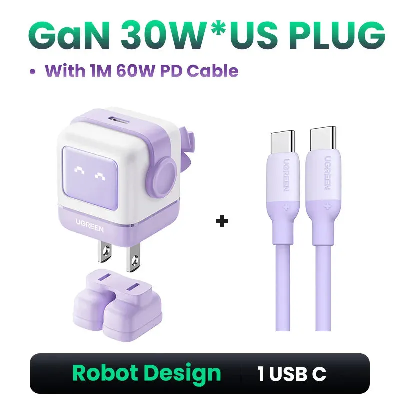 【US Plug】UGREEN 65W 30W GaN Charger Robot Design PD3.0 Fast Charger QC4.0 3.0 PPS for iPhone 16 15 14 Pro Macbook Laptop Tablets