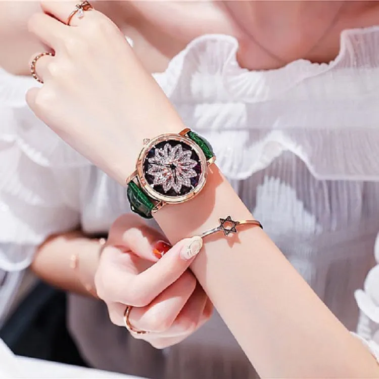 Women's Watch diamond flower petal pattern large dial leather quartz elegant watch