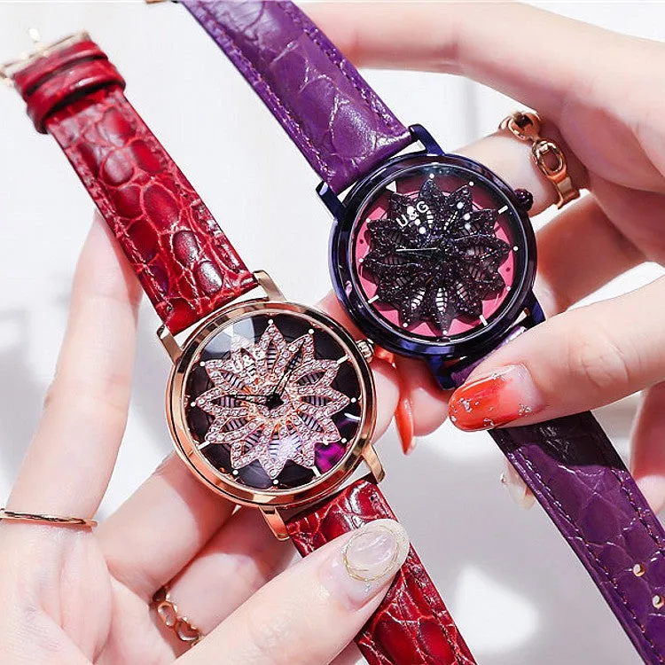 Women's Watch diamond flower petal pattern large dial leather quartz elegant watch