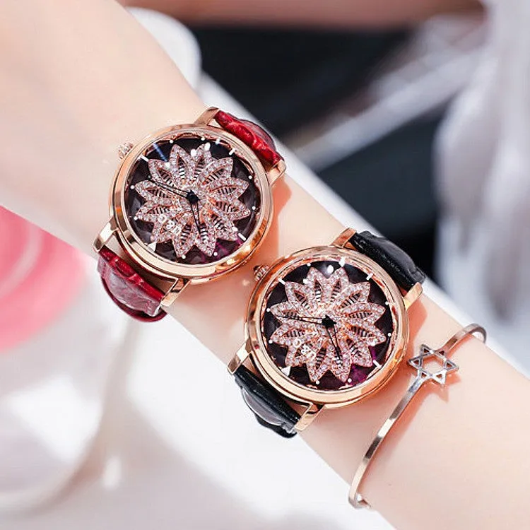 Women's Watch diamond flower petal pattern large dial leather quartz elegant watch