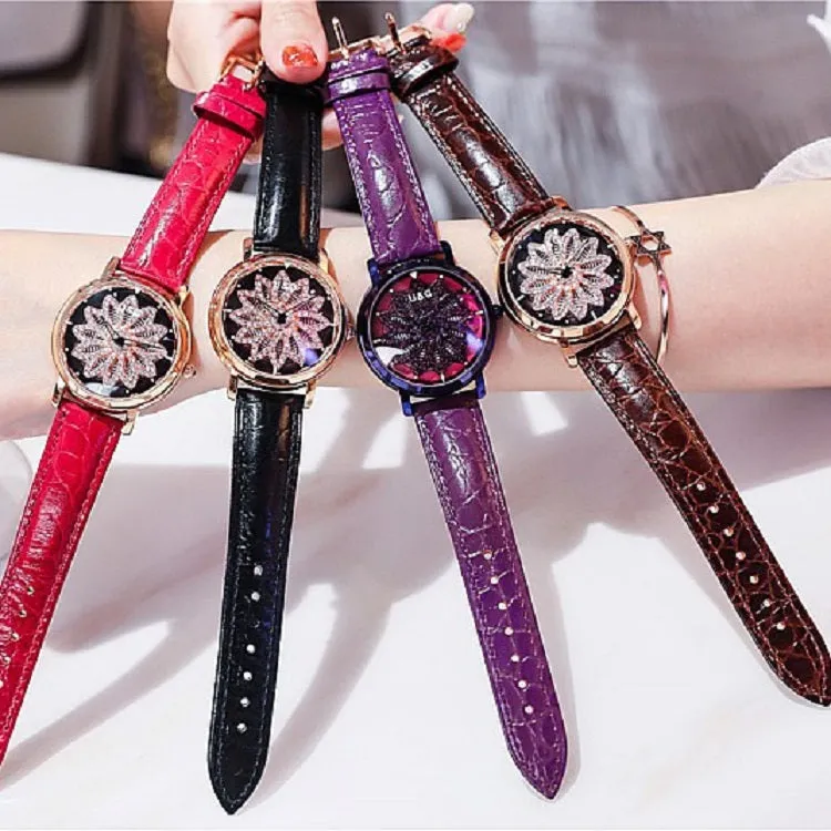 Women's Watch diamond flower petal pattern large dial leather quartz elegant watch