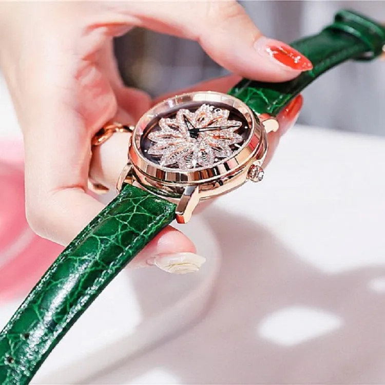 Women's Watch diamond flower petal pattern large dial leather quartz elegant watch