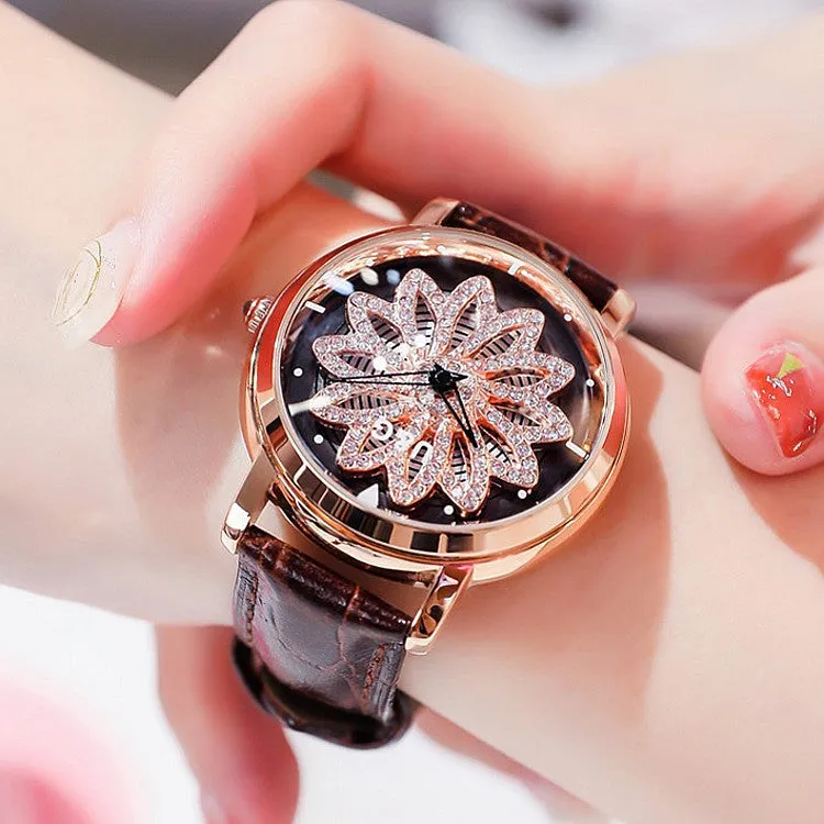 Women's Watch diamond flower petal pattern large dial leather quartz elegant watch