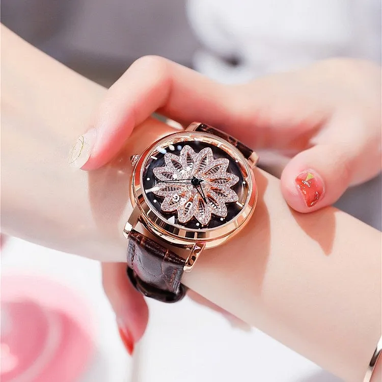 Women's Watch diamond flower petal pattern large dial leather quartz elegant watch