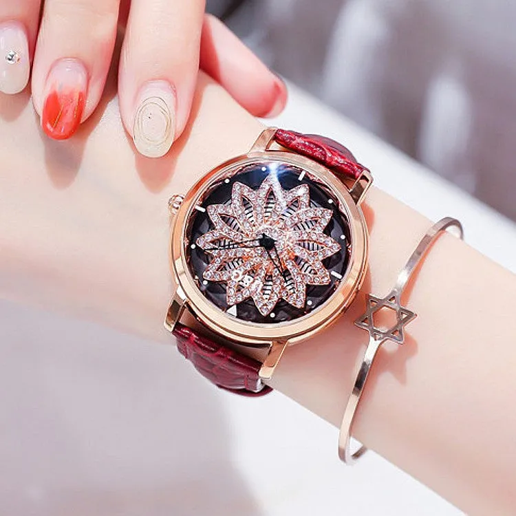 Women's Watch diamond flower petal pattern large dial leather quartz elegant watch