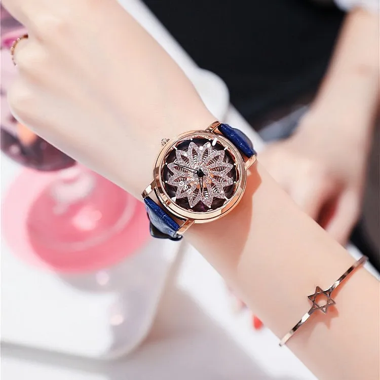 Women's Watch diamond flower petal pattern large dial leather quartz elegant watch